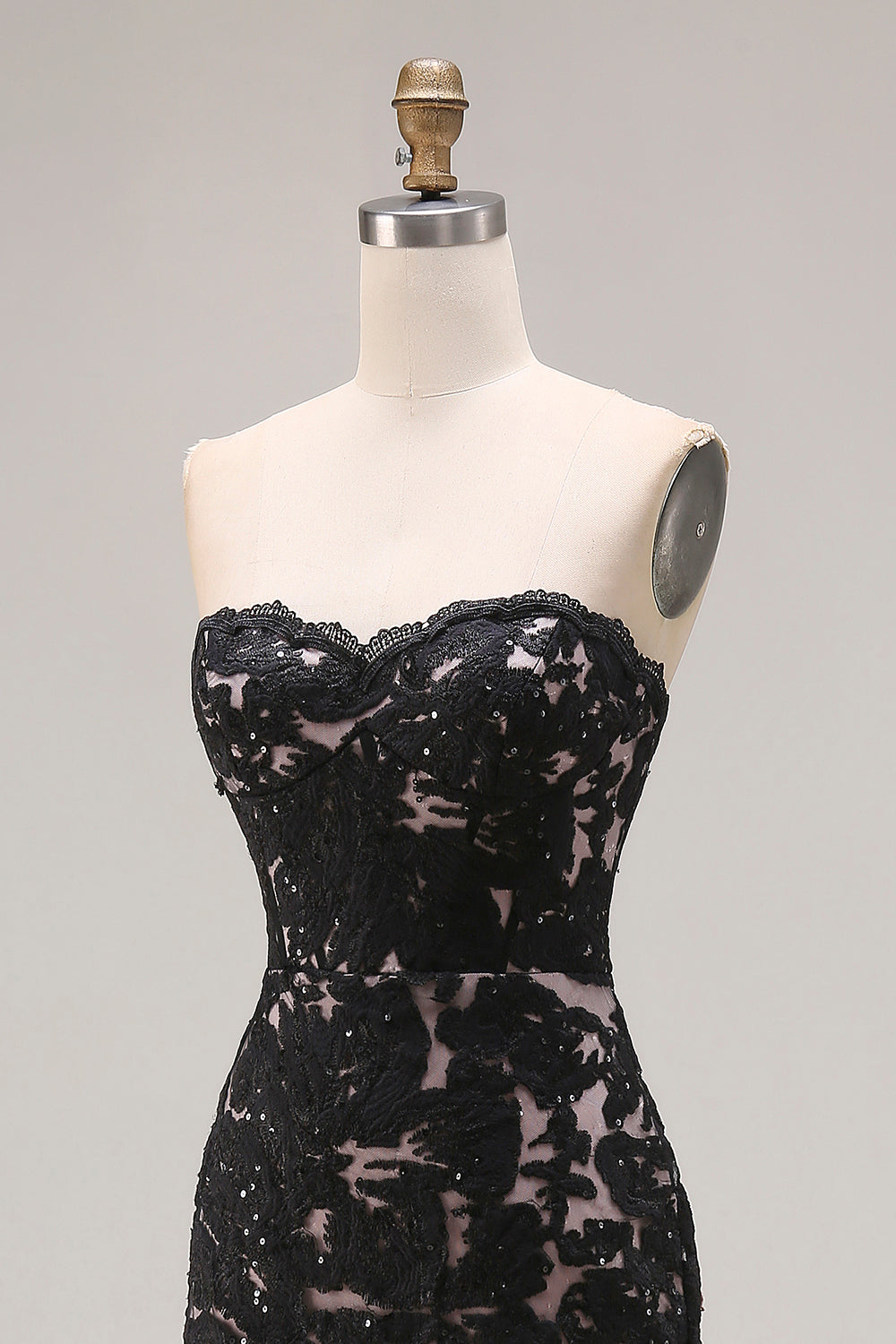Black Lace Strapless Mermaid Long Prom Dress with Slit