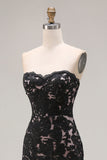 Black Lace Strapless Mermaid Long Prom Dress with Slit