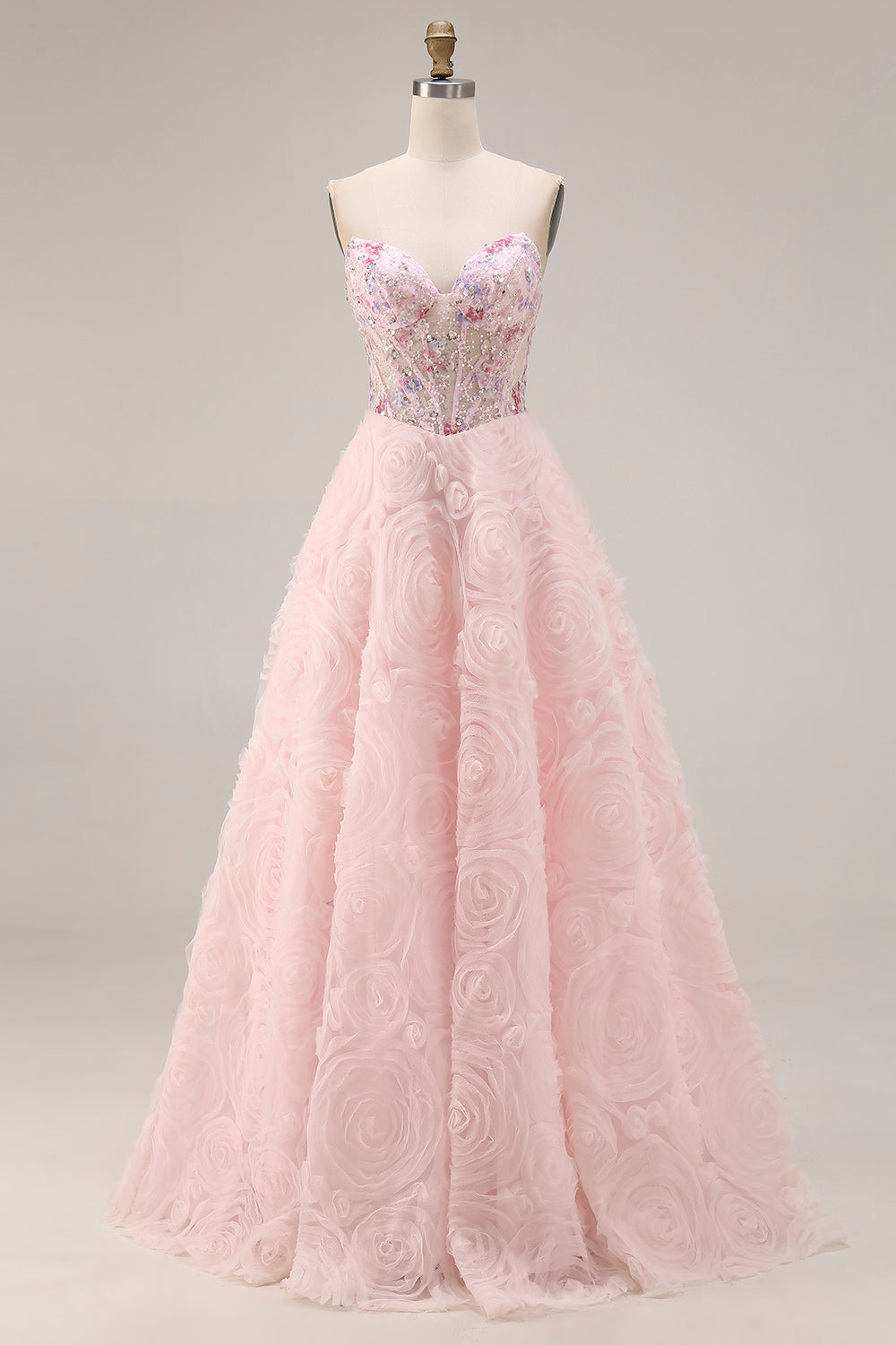 Sparkly Floral Pink A Line Tulle Beaded Long Corset Prom Dress