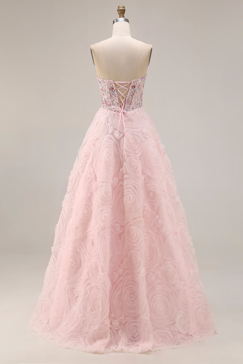 Sparkly Floral Pink A Line Tulle Beaded Long Corset Prom Dress