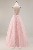 Sparkly Floral Pink A Line Tulle Beaded Long Corset Prom Dress