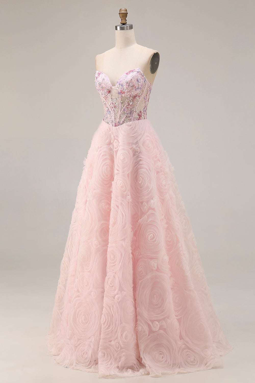 Sparkly Floral Pink A Line Tulle Beaded Long Corset Prom Dress