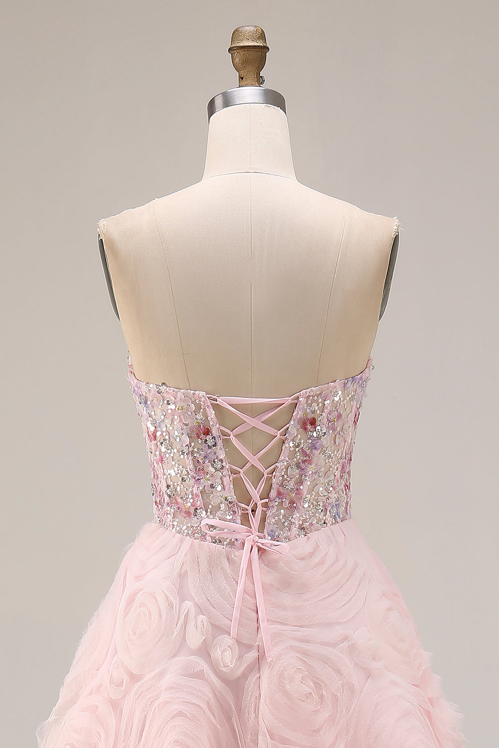Sparkly Floral Pink A Line Tulle Beaded Long Corset Prom Dress