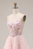 Sparkly Floral Pink A Line Tulle Beaded Long Corset Prom Dress