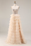 Sparkly Apricot A Line Tiered Beaded Long Corset Prom Dress with Slit