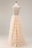 Sparkly Apricot A Line Tiered Beaded Long Corset Prom Dress with Slit