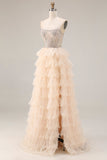 Sparkly Apricot A Line Tiered Beaded Long Corset Prom Dress with Slit