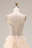 Sparkly Apricot A Line Tiered Beaded Long Corset Prom Dress with Slit