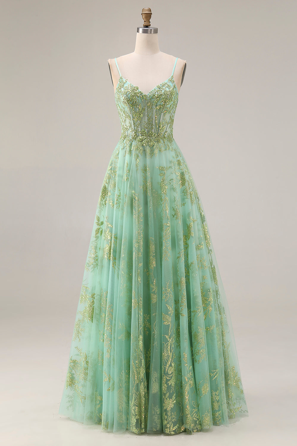 Sparkly Floral Green A Line Spaghetti Straps Long Corset Prom Dress