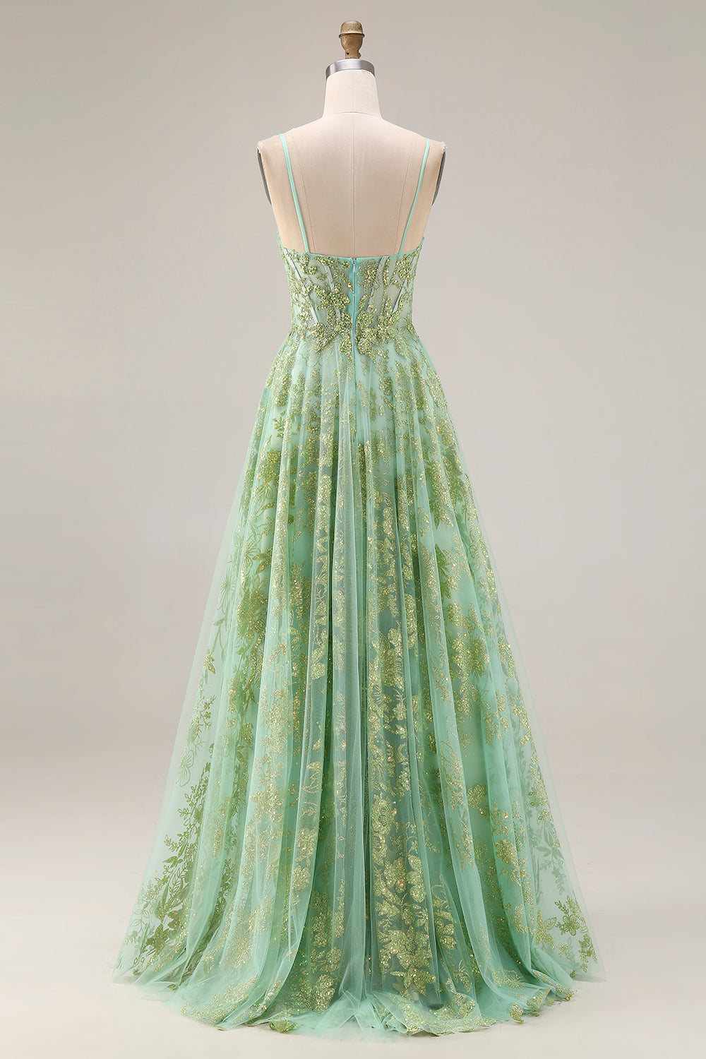 Sparkly Floral Green A Line Spaghetti Straps Long Corset Prom Dress