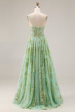 Sparkly Floral Green A Line Spaghetti Straps Long Corset Prom Dress