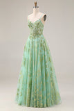 Sparkly Floral Green A Line Spaghetti Straps Long Corset Prom Dress