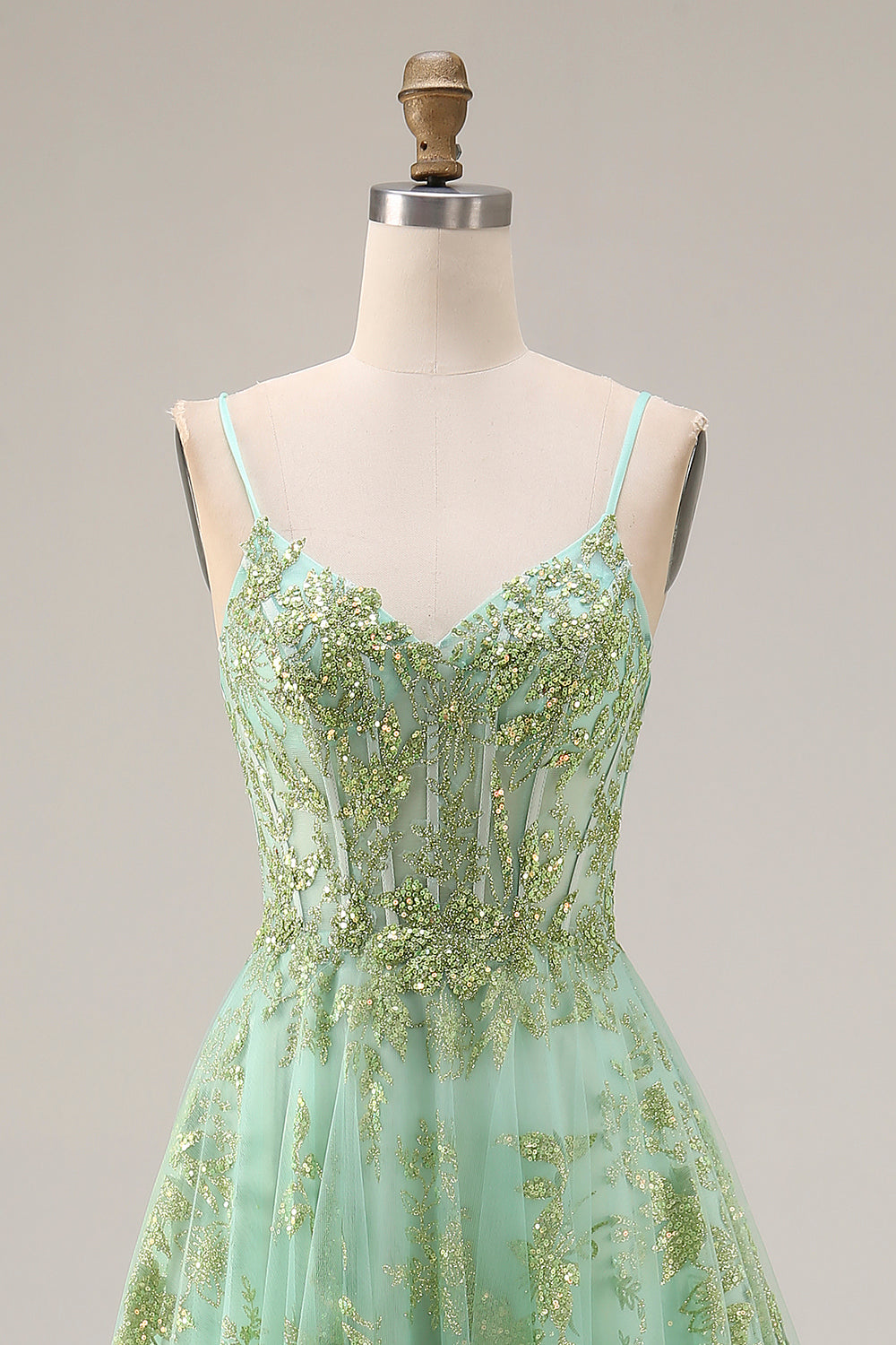 Sparkly Floral Green A Line Spaghetti Straps Long Corset Prom Dress