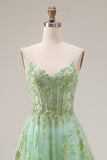 Sparkly Floral Green A Line Spaghetti Straps Long Corset Prom Dress