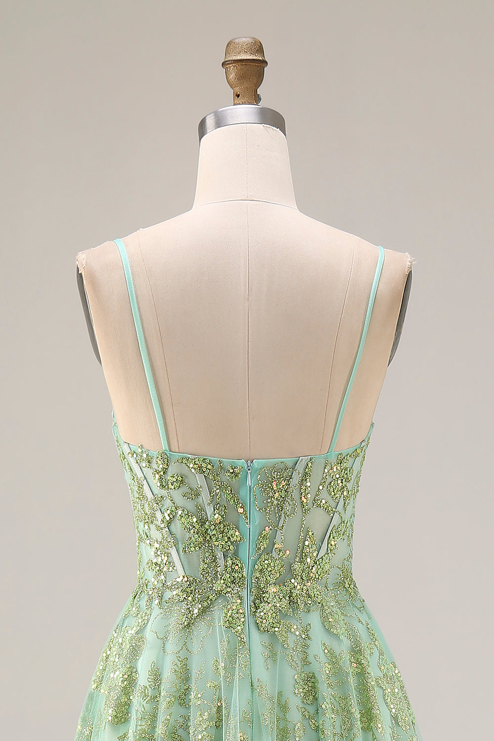Sparkly Floral Green A Line Spaghetti Straps Long Corset Prom Dress