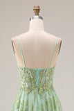 Sparkly Floral Green A Line Spaghetti Straps Long Corset Prom Dress