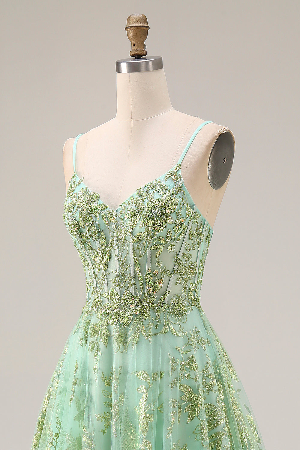 Sparkly Floral Green A Line Spaghetti Straps Long Corset Prom Dress