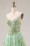 Sparkly Floral Green A Line Spaghetti Straps Long Corset Prom Dress