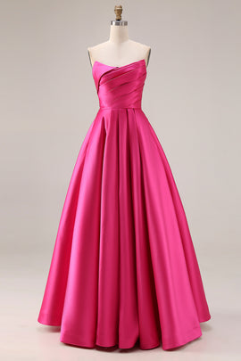 Fuchsia Satin A Line Strapless Long Prom Dress