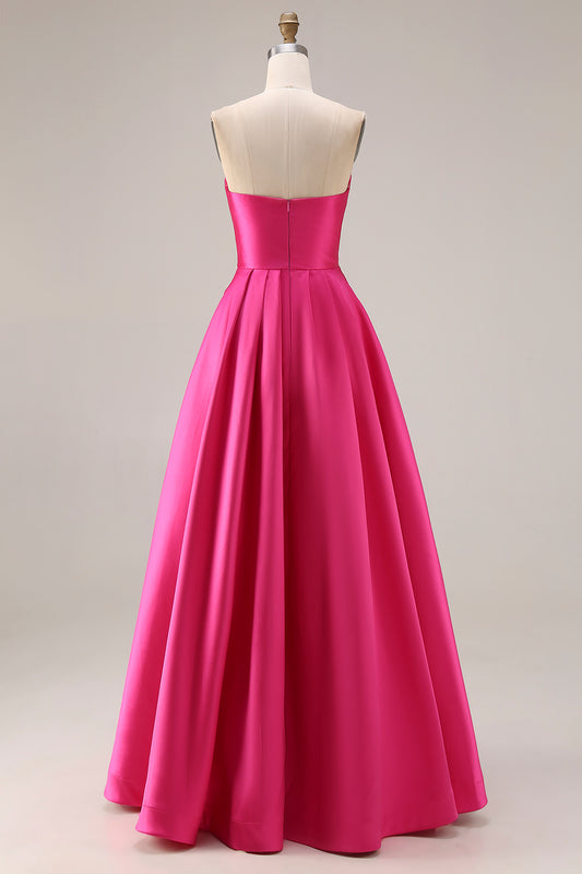 Fuchsia Satin A Line Strapless Long Prom Dress