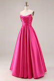 Fuchsia Satin A Line Strapless Long Prom Dress