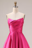 Fuchsia Satin A Line Strapless Long Prom Dress