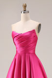 Fuchsia Satin A Line Strapless Long Prom Dress