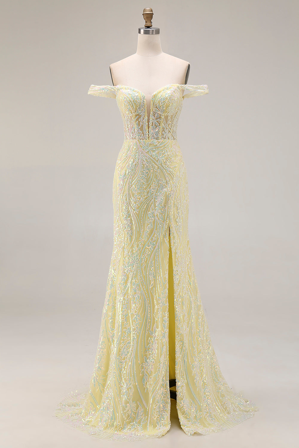 Sparkly Floral Light Yellow Mermaid Long Corset Prom Dress with Slit