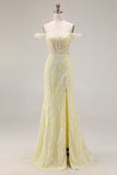 Sparkly Floral Light Yellow Mermaid Long Corset Prom Dress with Slit