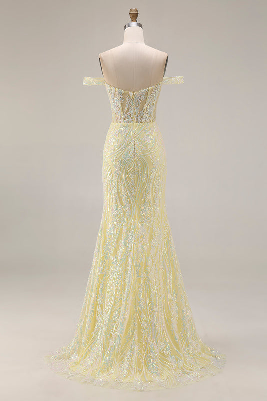 Sparkly Floral Light Yellow Mermaid Long Corset Prom Dress with Slit