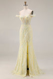 Sparkly Floral Light Yellow Mermaid Long Corset Prom Dress with Slit