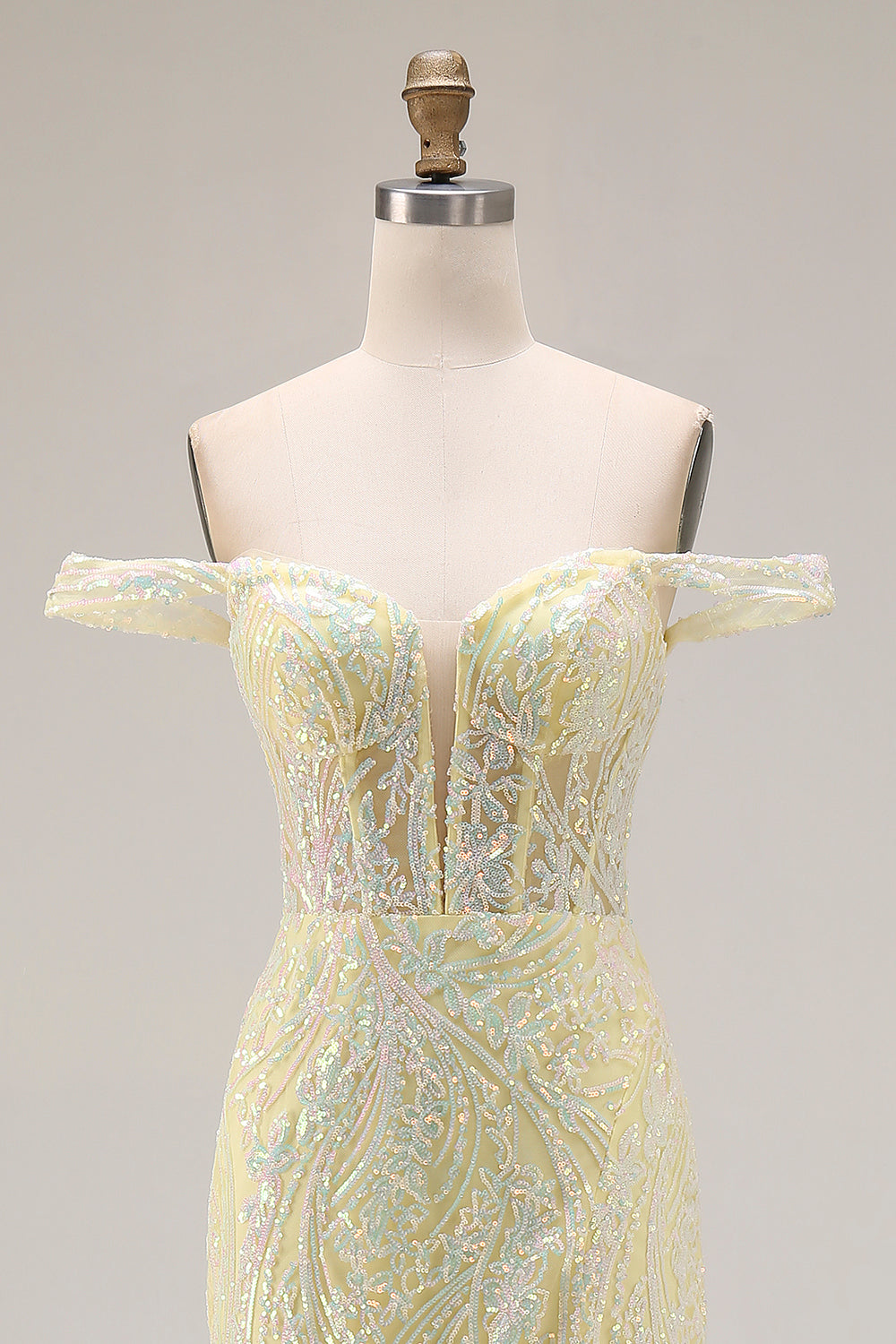 Sparkly Floral Light Yellow Mermaid Long Corset Prom Dress with Slit