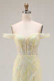 Sparkly Floral Light Yellow Mermaid Long Corset Prom Dress with Slit
