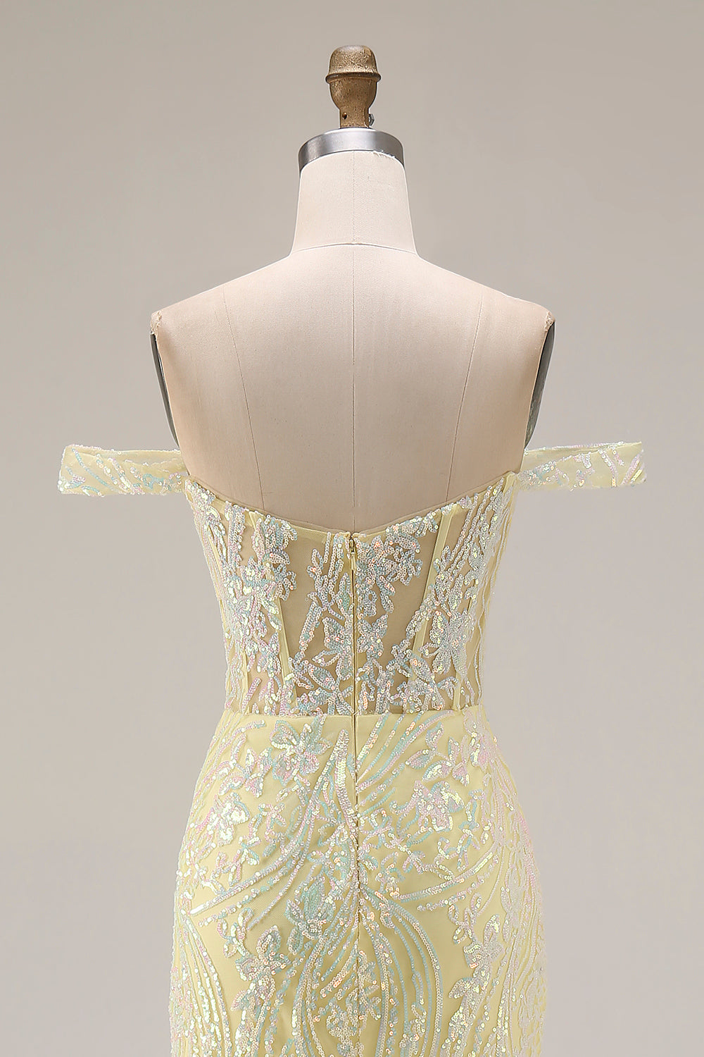 Sparkly Floral Light Yellow Mermaid Long Corset Prom Dress with Slit