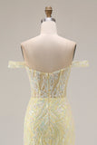 Sparkly Floral Light Yellow Mermaid Long Corset Prom Dress with Slit