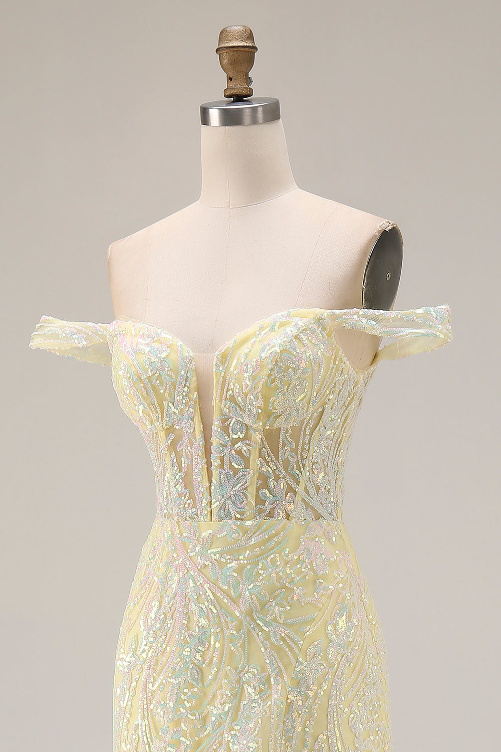 Sparkly Floral Light Yellow Mermaid Long Corset Prom Dress with Slit