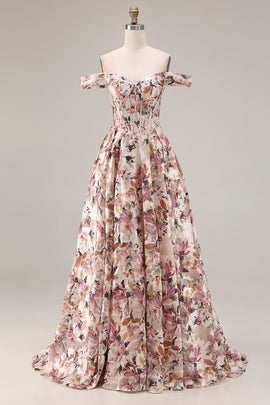 Floral Desert Rose A Line Off the Shoulder Long Corset Prom Dress