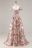 Floral Desert Rose A Line Off the Shoulder Long Corset Prom Dress