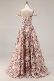 Floral Desert Rose A Line Off the Shoulder Long Corset Prom Dress