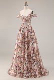 Floral Desert Rose A Line Off the Shoulder Long Corset Prom Dress