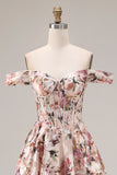 Floral Desert Rose A Line Off the Shoulder Long Corset Prom Dress