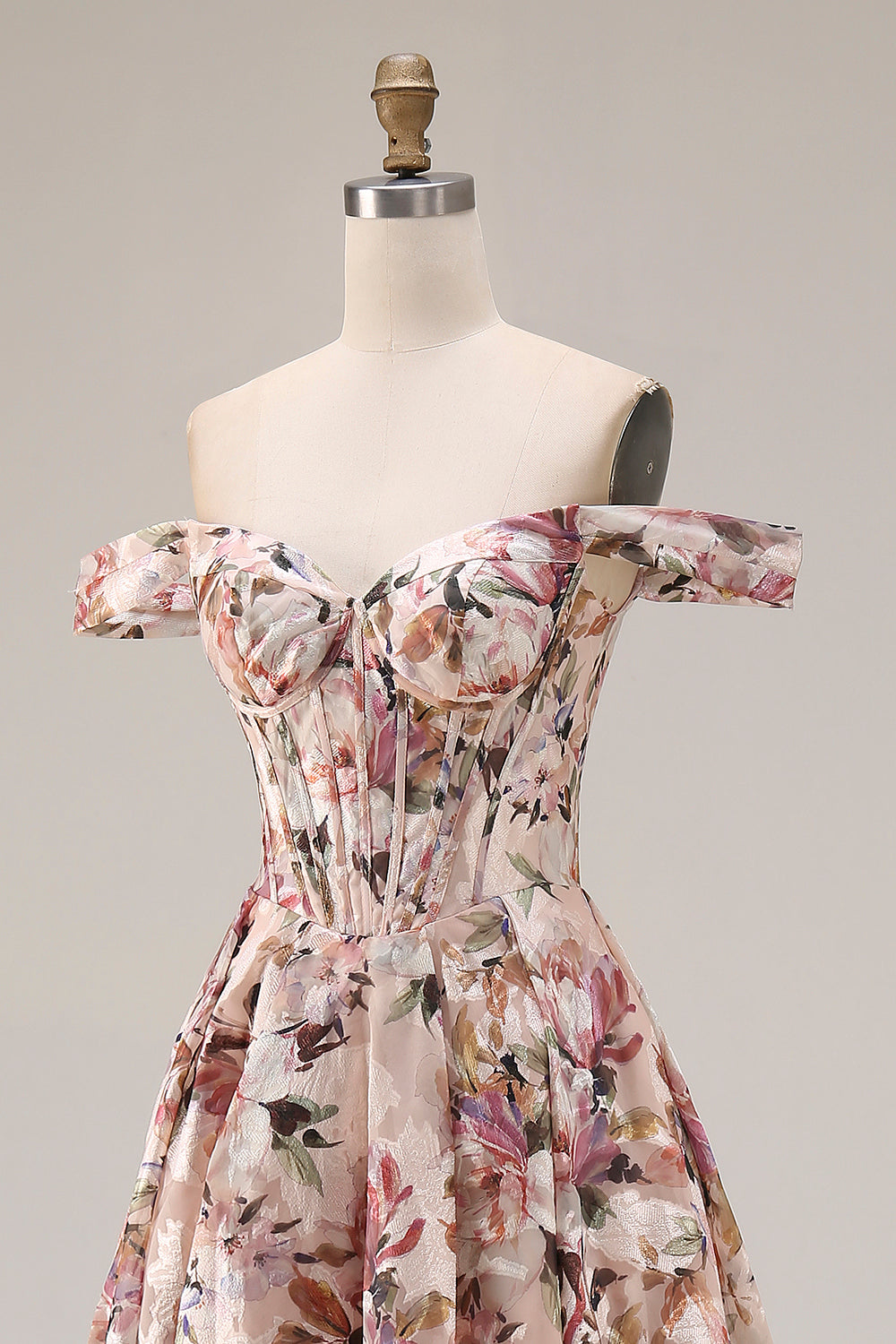 Floral Desert Rose A Line Off the Shoulder Long Corset Prom Dress