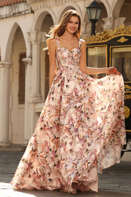 Floral Desert Rose A Line Thick Straps Long Corset Prom Dress