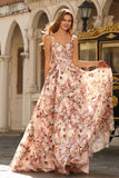 Floral Desert Rose A Line Thick Straps Long Corset Prom Dress