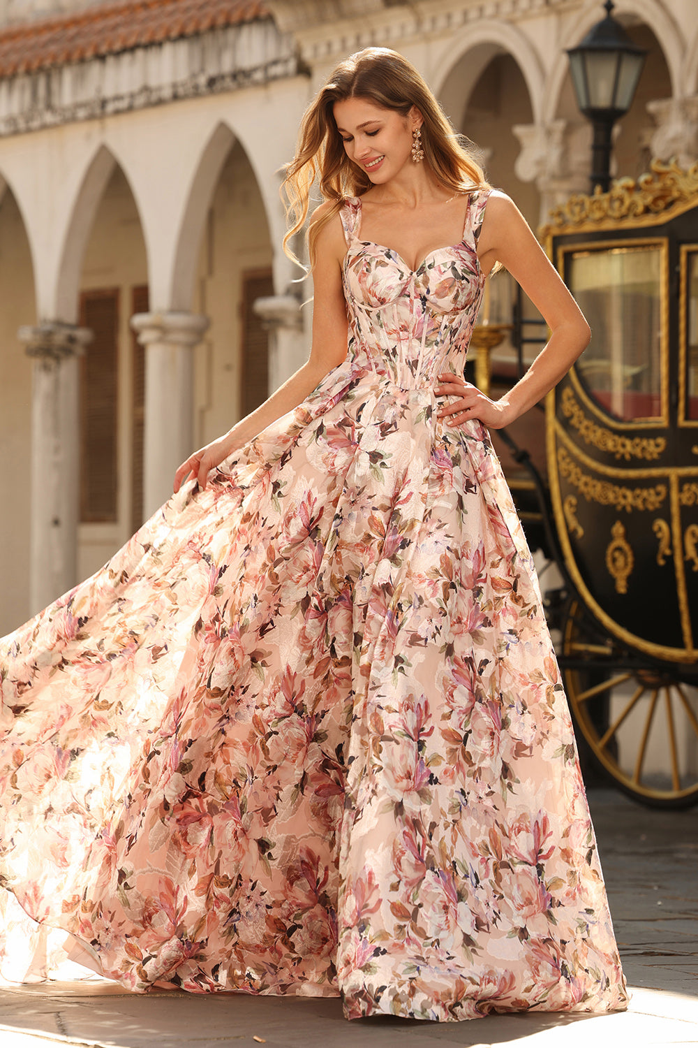 Floral Desert Rose A Line Thick Straps Long Corset Prom Dress