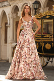 Floral Desert Rose A Line Thick Straps Long Corset Prom Dress