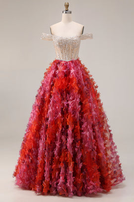 Floral Fuchsia and White A Line Beaded Long Floral Corset Prom Dress