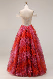 Floral Fuchsia and White A Line Beaded Long Floral Corset Prom Dress