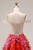 Floral Fuchsia and White A Line Beaded Long Floral Corset Prom Dress