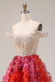 Floral Fuchsia and White A Line Beaded Long Floral Corset Prom Dress